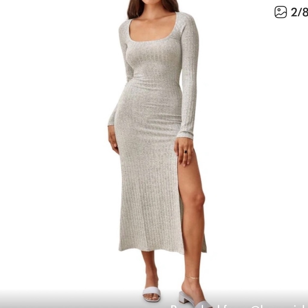 Reformation Lemon Grey Long sleeve Front Slit Round Neck Ribbed Dress